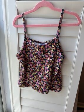 Old Navy Black Floral Tank Top with Pink, Yellow, and Purple Flowers
